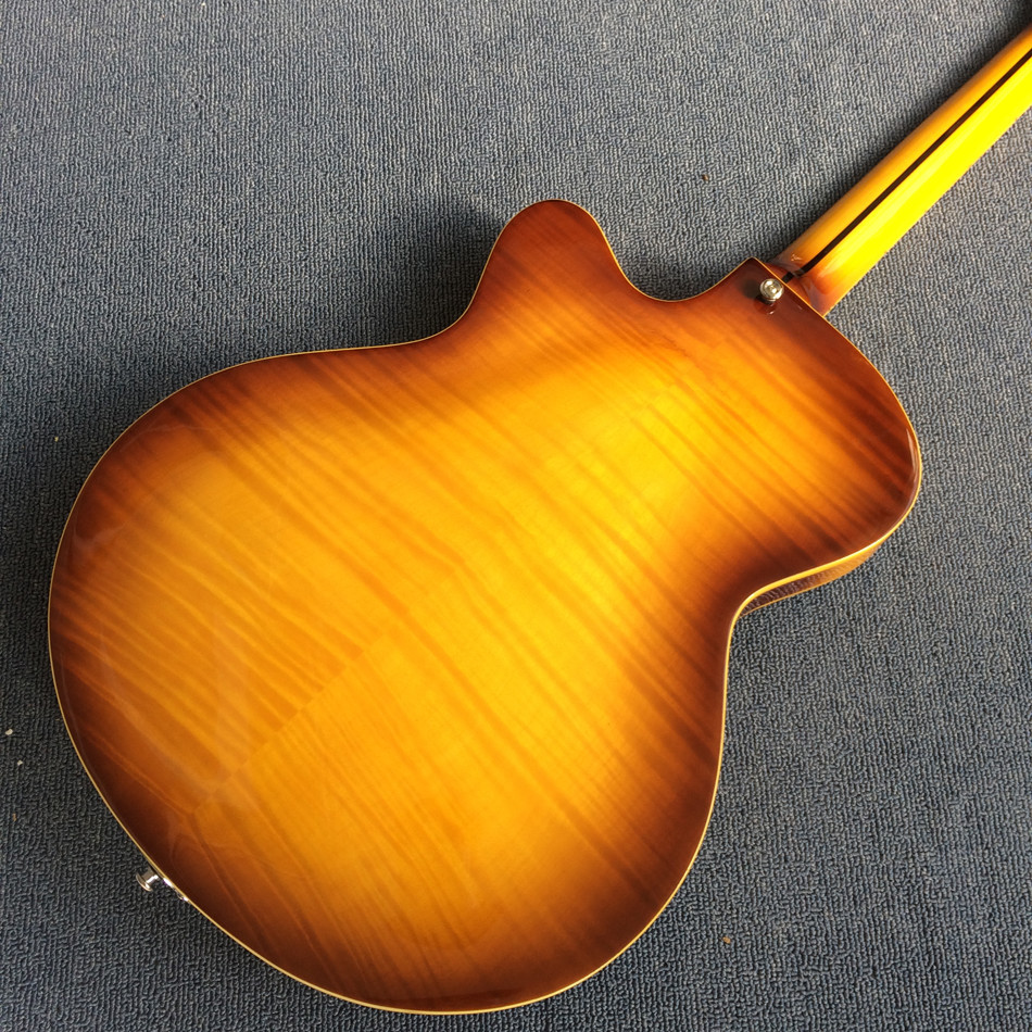Hollow body jazz electric guitar, Chocolate color electric guitar with Tremolo system,Ebony Fingerboard