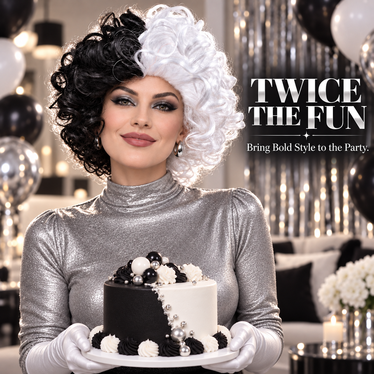 Cruella Black White Split Curly Wig, Half Black Half White Short Fluffy Synthetic Wig, Unisex Cosplay Costume Wig for Halloween Carnival 101
