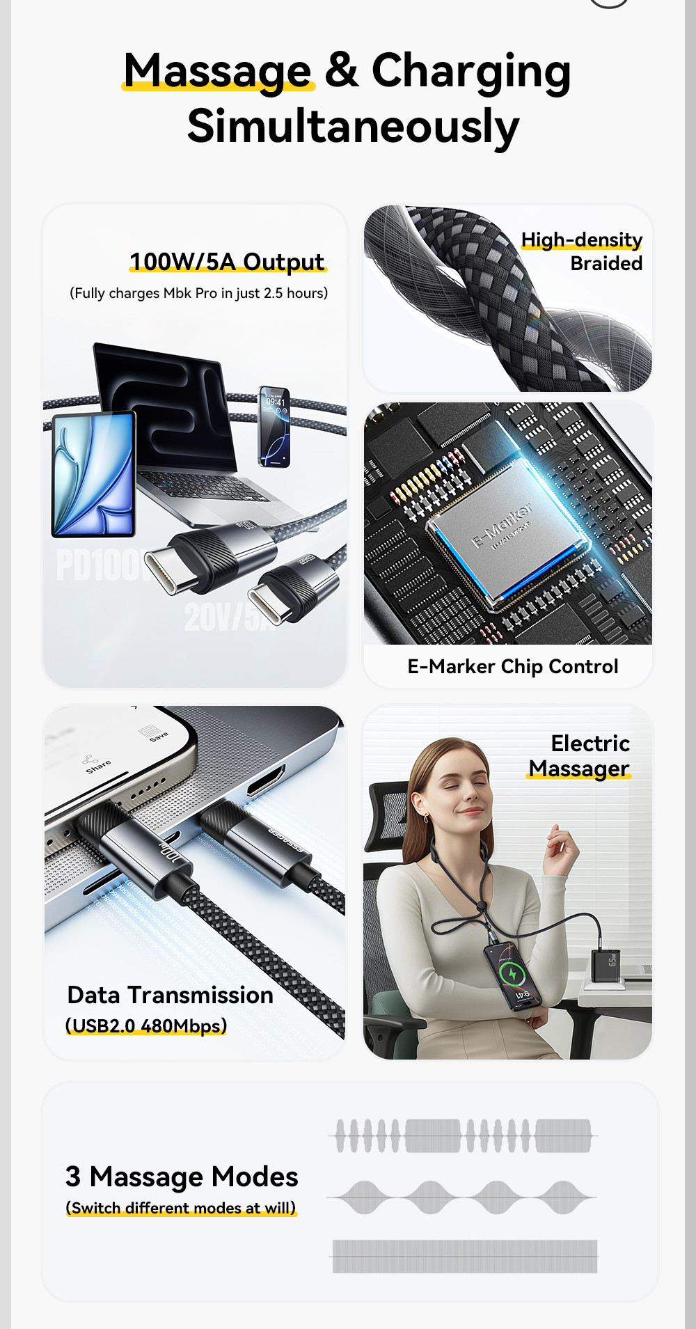 ESSAGER ES-X72 2 in 1 Massage Charging Usb C Cable 5A PD 100W Charger Type C to Type C Data Cable with Massage
