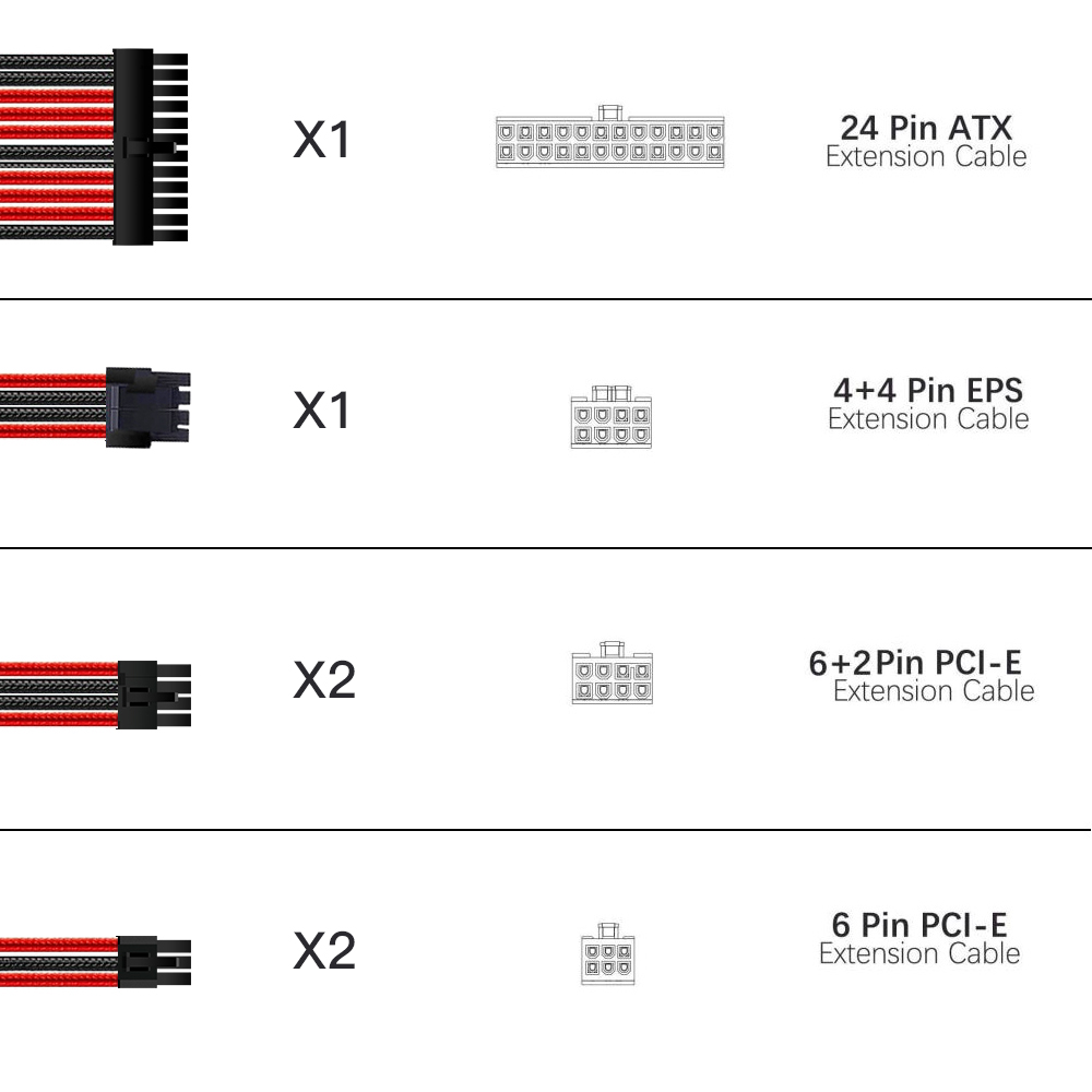 Sleeved Cables PSU Extension Cable Kit with 30CM Sleeved 24-PIN 8-PIN 6-PIN 4+4-PIN for ATX Power Supply