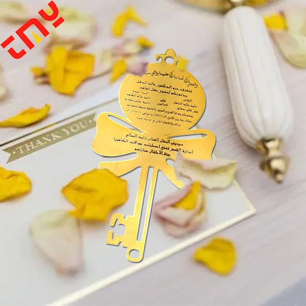 Custom Design Luxury Etched Key Shape Stainless Steel Metal Wedding Invitation Card