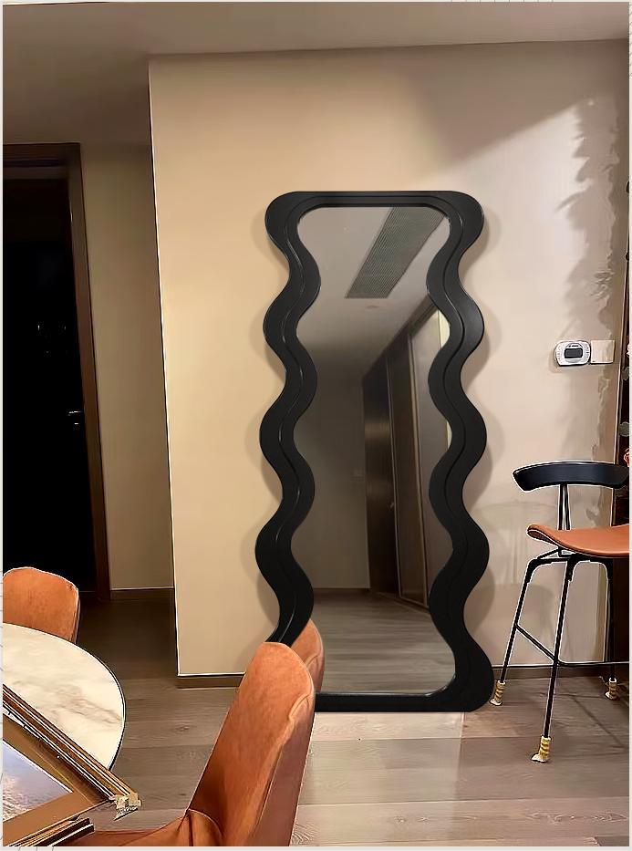 OEM Floor Wavy Standing Mirror Black Ornate Wooden Frame