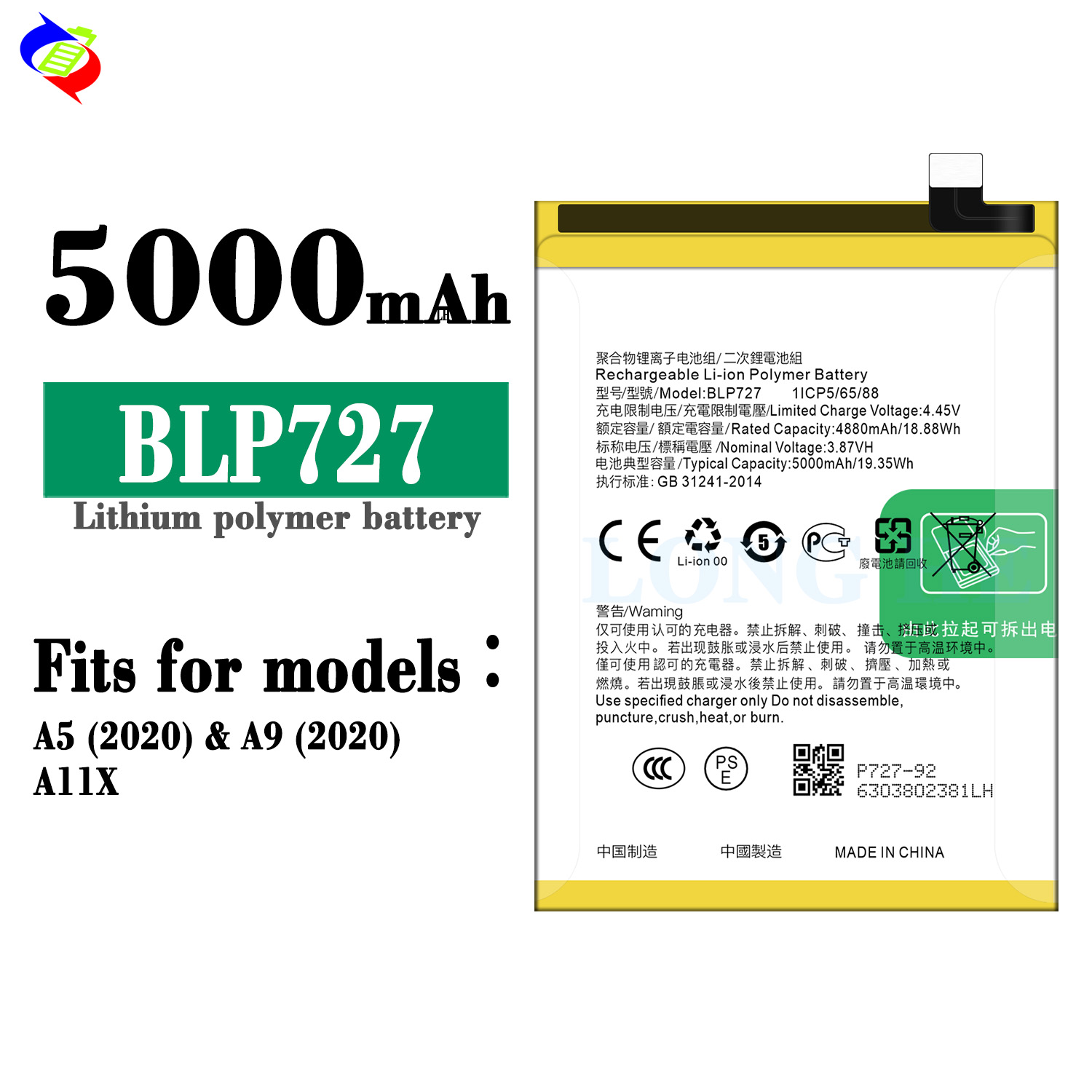 5000mAh BLP727 A5 2020 A9 2020 A11X Lithium Battery for OPPO A11X Mobile Phone Models