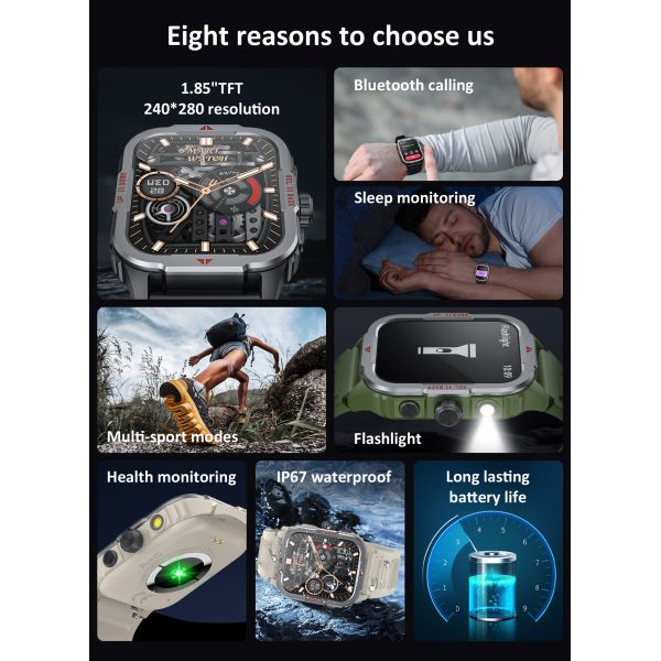 Eraysun Outdoor Smartwatch for Sport 1.85" BT Call Flashlight 123+ Exercise Modes 300mAH Health Monitoring Da Fit Smartwatch