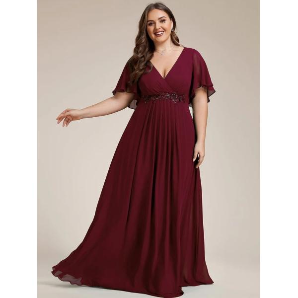 Empire Plus Size Applique Short Sleeve A-line V-neck Flutter Sleeves Invisible Zipper Burgundy Chiffon Homecoming Dress