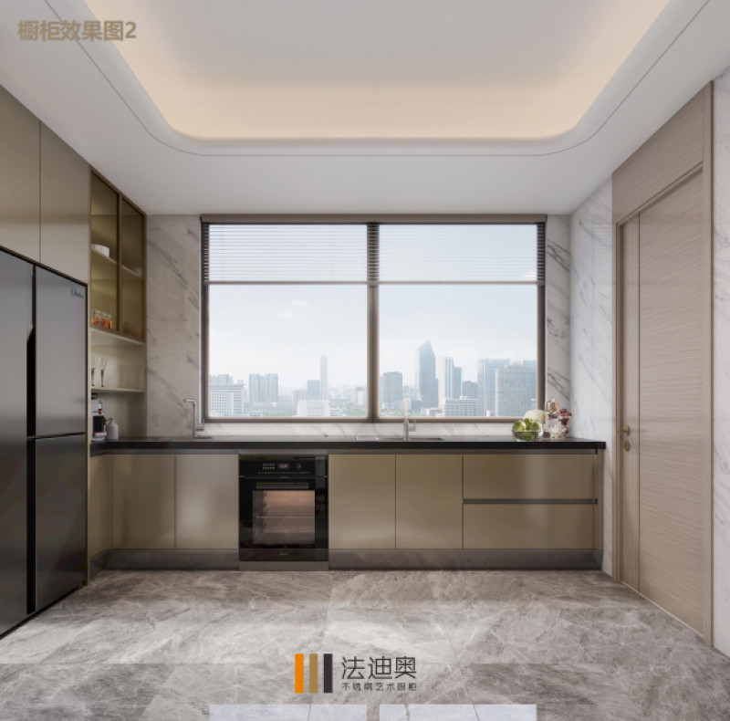 Full Encompassing Modern Kitchen Cabinet With Mica Brown Finish And Central Square Island