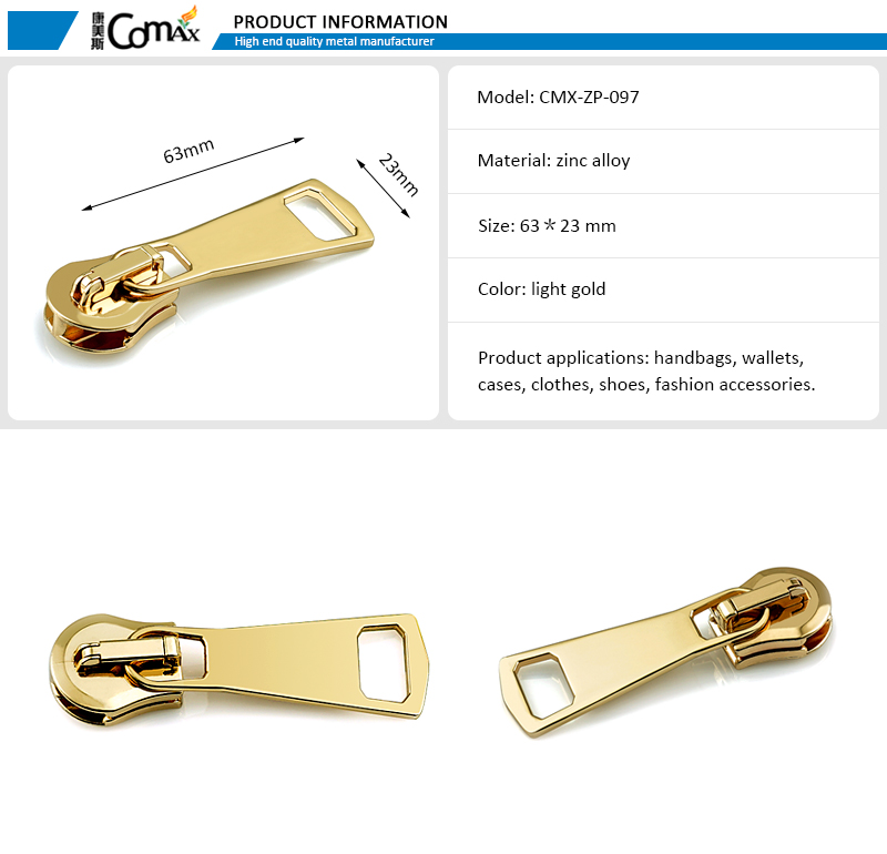 Golden Plated Alloy Metal Zipper Puller for Clothing Durable Zip Puller Slider for Bag