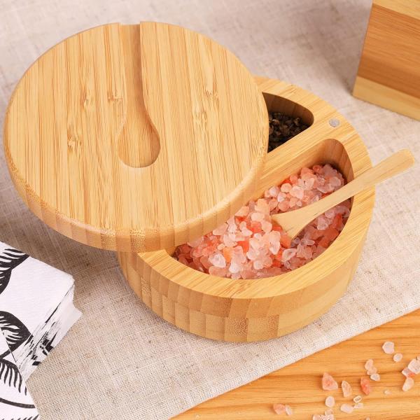 Bamboo Salt Keeper Duet Salt and Pepper Bowl, Salt Cellar and Storage Box with Two Compartments, Mini Spoon Built Into Top