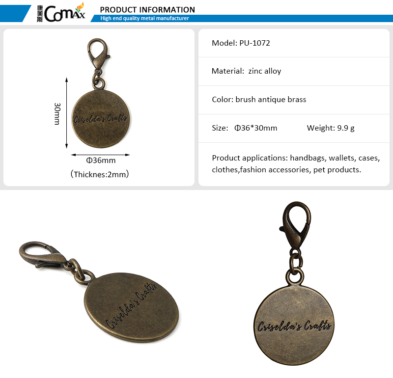 Handbag Accessories Custom Logo Metal Bag Tag with Lobster Clasp in Customized Color