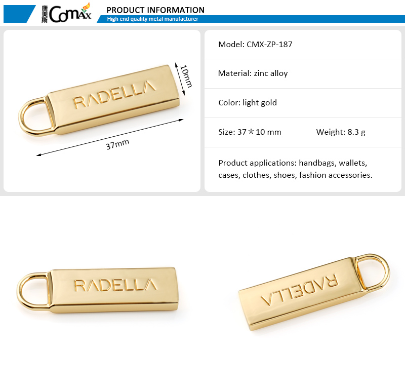 Gold Engraved Metal Zipper Puller for Bag Garment Case Durable and Customized Design