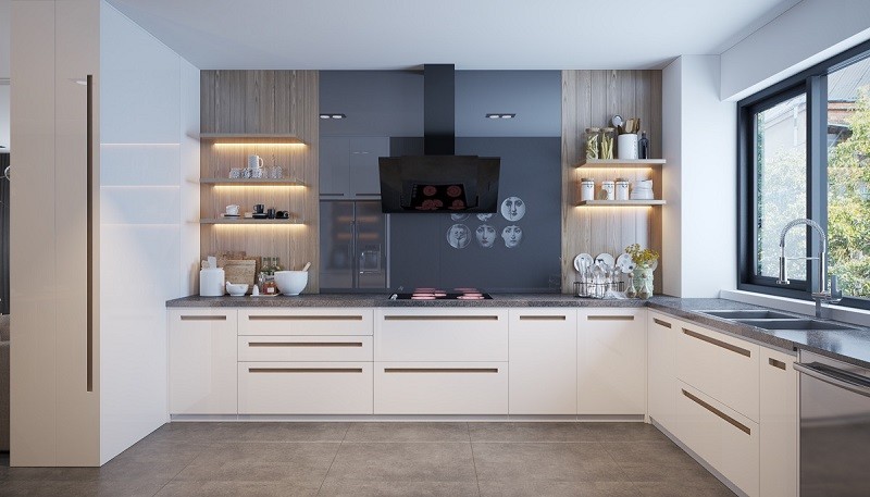 Modern Modular Kitchen cabinet in plywood with melamine finish with nuomi basket