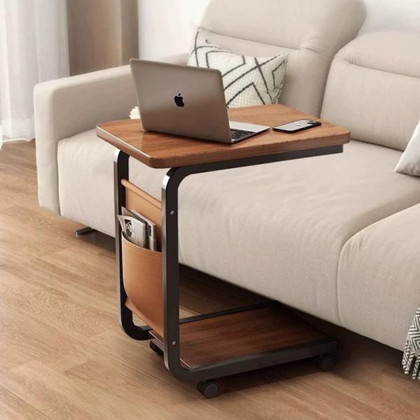 Hotel and Home Dining Table Wooden C Shaped Side Table with Wheels Modern Two Layers Snack End Table