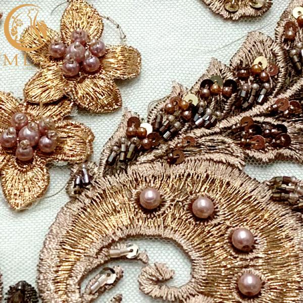 Eco - Friendly Applique Lace Fabric With Handmade Beads Embroidery