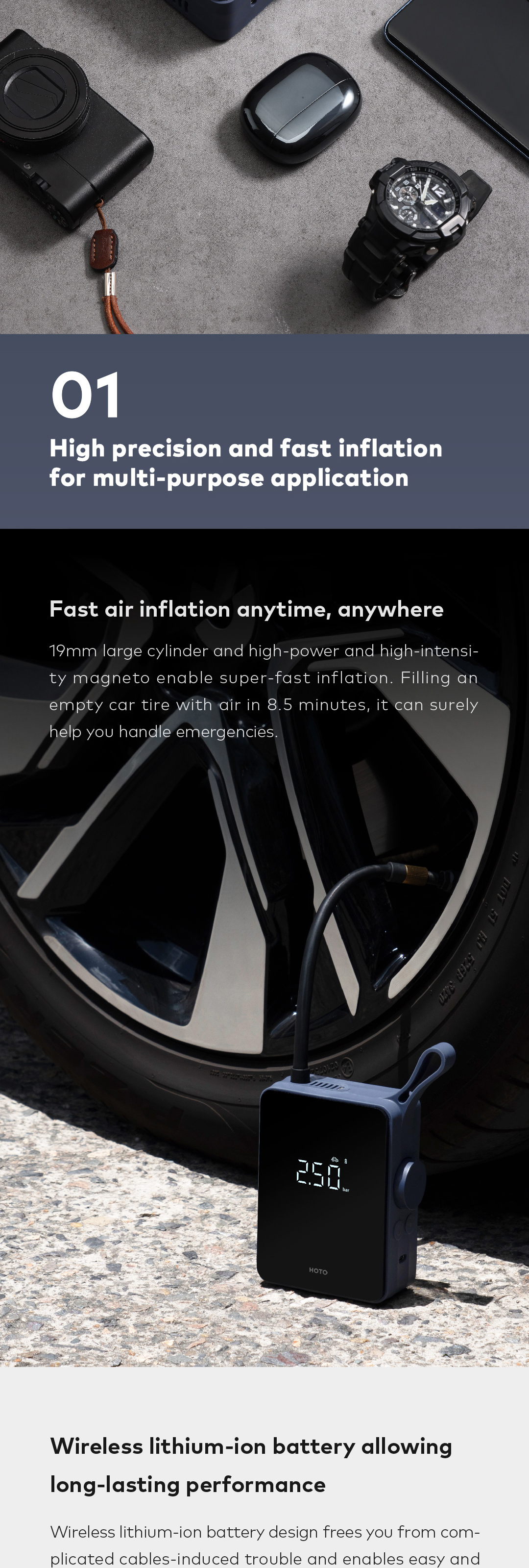 2021 HOTO Portable Electric Tire Inflator Wireless Car Tire Inflator Pump Smart Digital Xiaomi Tire Inflator