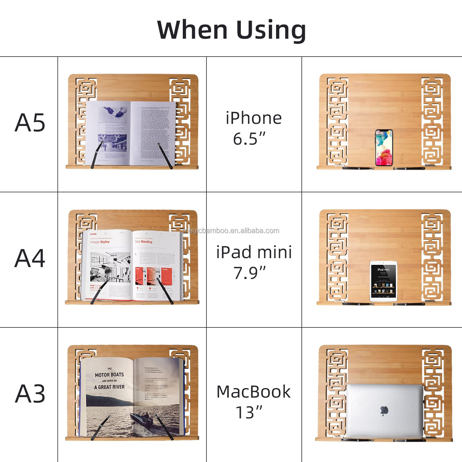 Rectangle Shaped Natural Bamboo Book Stand Tablet Holder with Retro Hollow Appearance