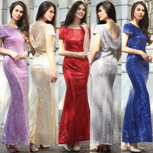 Quality hot sale polyester short sleeve long women Bodycon evening beaded dress with gold sequin in red blue purple gray beige wholesale
