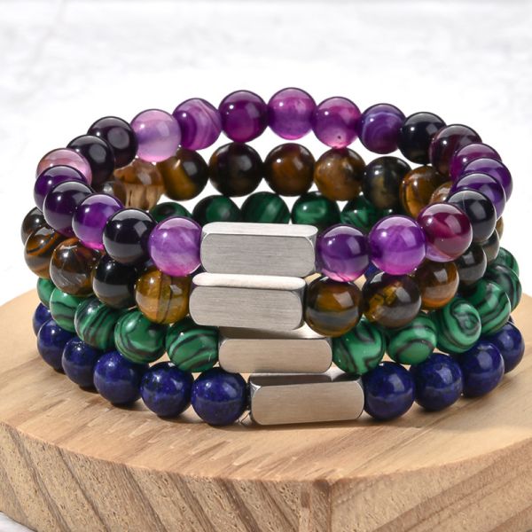 Mens Red Tiger Eye Bracelet Real Lava Natural Bead Bracelets 7.68 Inch