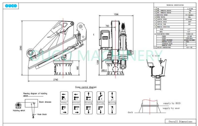 Knuckle Telescopic Boom Marine Deck Crane For Hoisting 2.2T10M