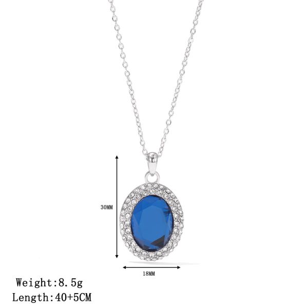 Necklaces for Women Stainless Steel with Big Blue Oval Zircon Stone and Clear Round Gems