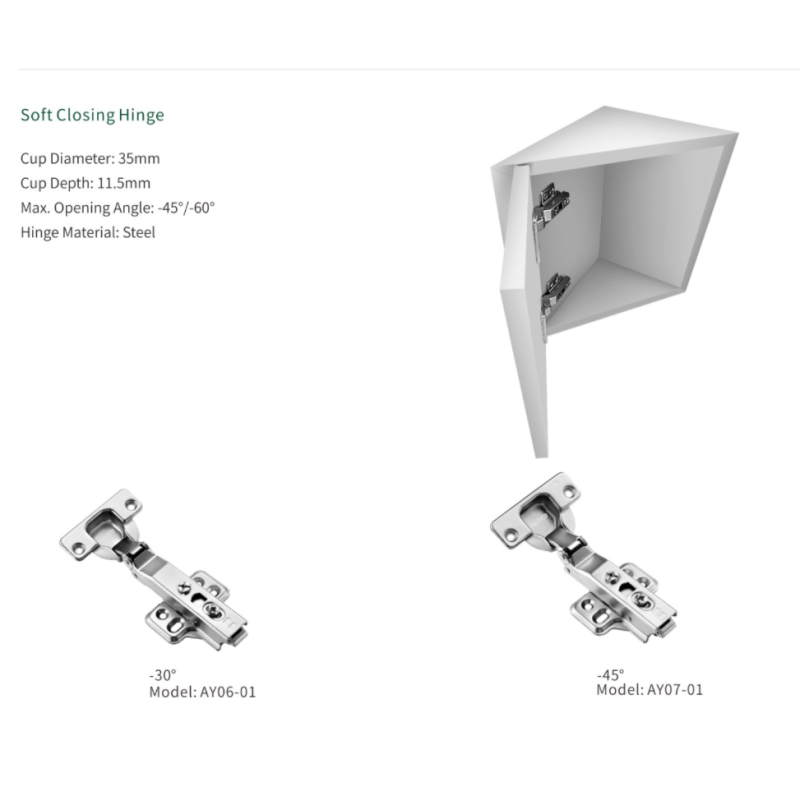 AY06 -45° Negative Angle Soft Closing Hinge Full / Half Overlay