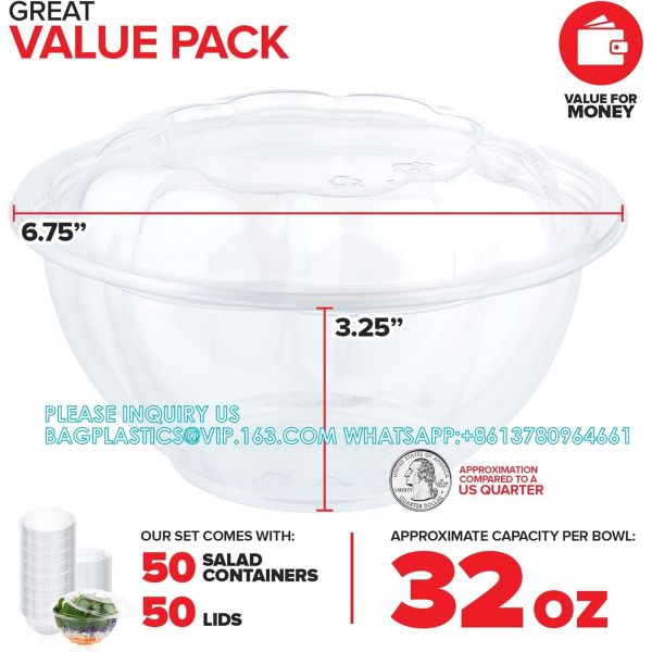 Quality 32oz Clear Plastic Salad Bowls With Lids Disposable (50 Pack) Medium Takeout Container With Snap On Lid For Fruit wholesale