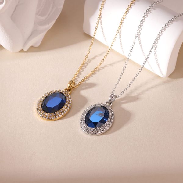 Necklaces for Women Stainless Steel with Big Blue Oval Zircon Stone and Clear Round Gems
