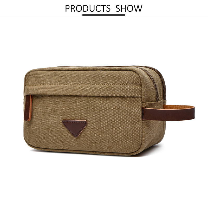 Men'S Vintage Leather Canvas Travel Shave Kit Bag
