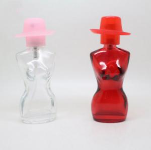 Quality red women body shape glass perfume bottle with plastic cap wholesale