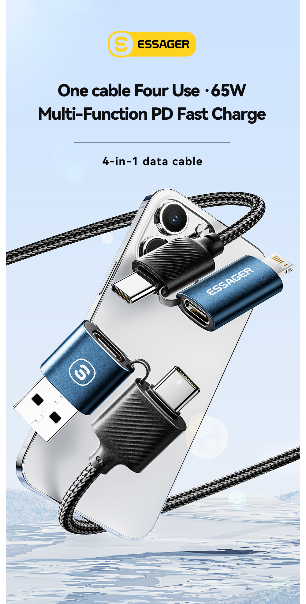 ESSAGER ES-X49 65W Usb to Type C Lightning 4 in 1 Charger Data Cable for Phone Laptop