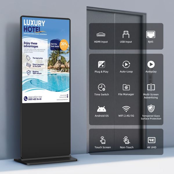 Floor Stand Digital Advertising Monitor with 10 Capacitive Touch Points, Real-Time Monitoring, and Web-Based Dashboard for Interactive Signage