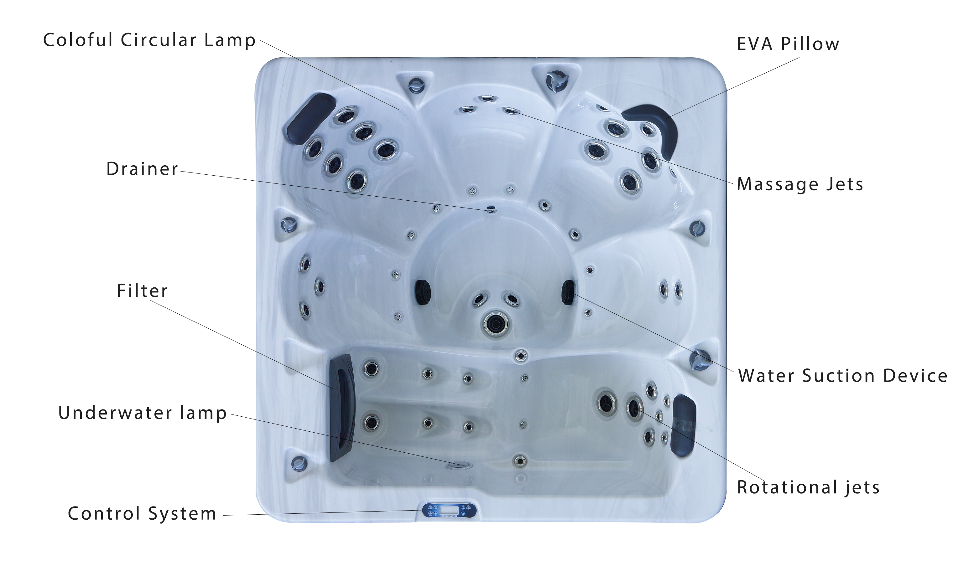 6 Persons Square Shape Whirlpool Tubs White Marble Spa Hot Tub With 45 Massage Jets