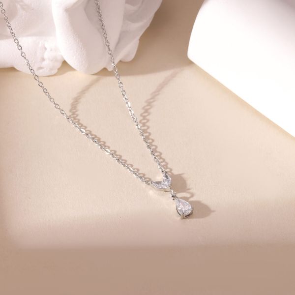 Trendy Stainless Steel Women's Necklace With Marquise And Pear Zircon Stones