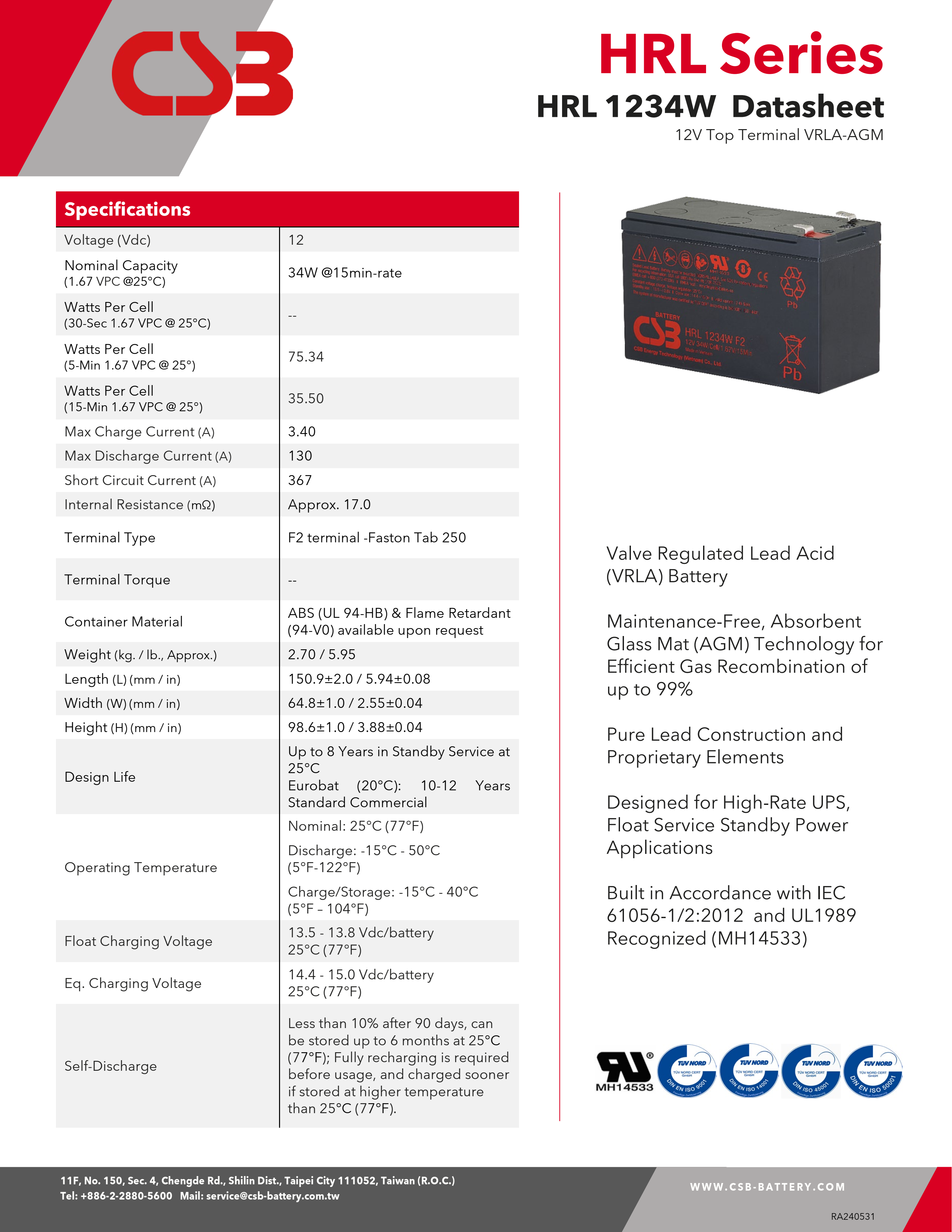 CSB HRL1234W Battery 12V 34W Sealed Lead Acid Battery High Rate Long Life Gel Battery