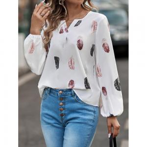 China Women'S V-Neck Feather Print T Shirt Casual Loose Fit Long Sleeve Top on sale
