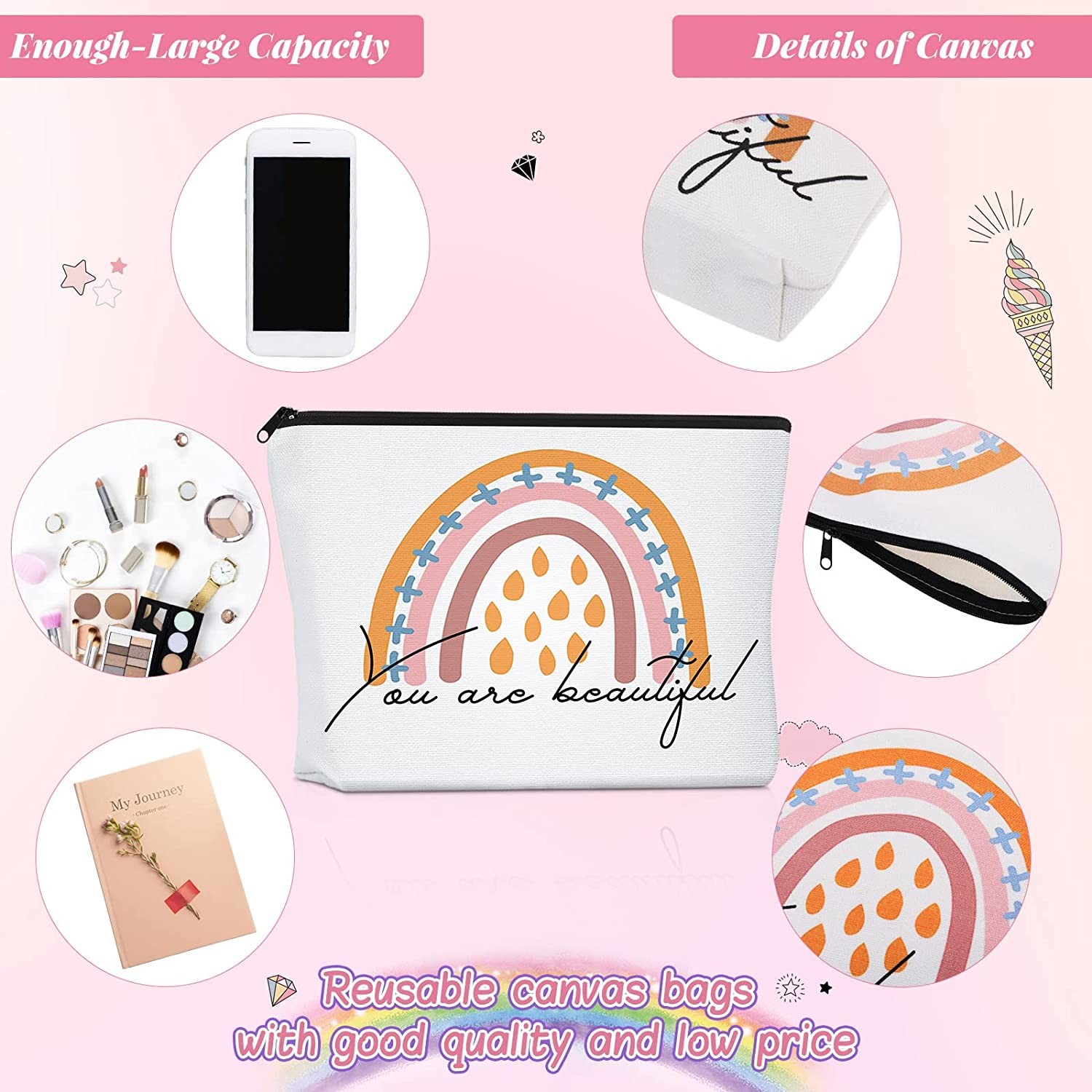 Rainbow Cosmetic Bag 4 Pieces Inspirational Quotes Canvas Cosmetic Bags