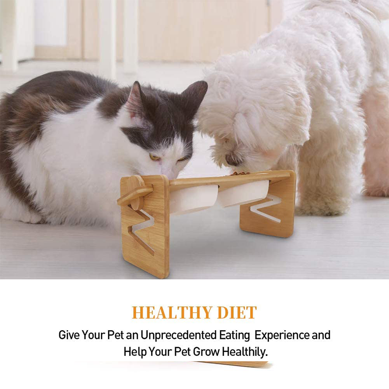 Protect Cervical Spine Easy Cleaning Ceramic Pet Feeder with Adjustable Bamboo Stand