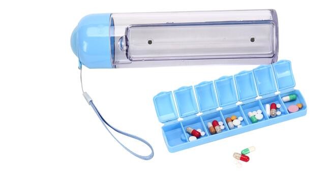 28 compartment column shape plastic pill storage box with pill crush box, Conventional eco-friendly 4 grids plastic trav