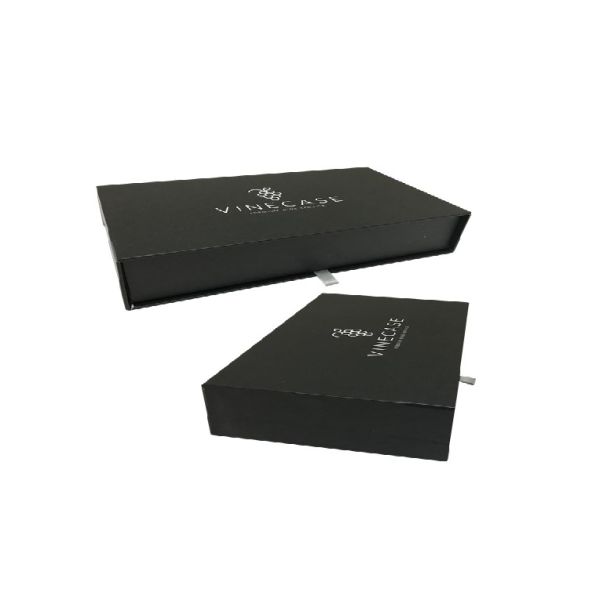 Custom matte black cardboard jewelry package drawer gift box with silver stamped logo