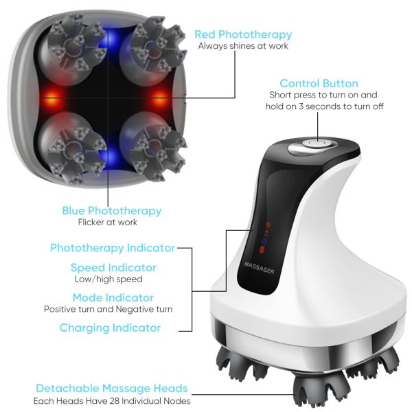 Electric Cordless Head Scalp Massager With Red Light Therapy Massage Migraine Relief