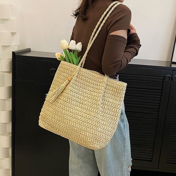 Straw Bag for Women Woven Beach Structured Tote Handmade Crochet Carteras De Mujer Summer Shoulder Bohemian