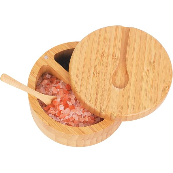 Bamboo Salt Keeper Duet Salt and Pepper Bowl, Salt Cellar and Storage Box with Two Compartments, Mini Spoon Built Into Top