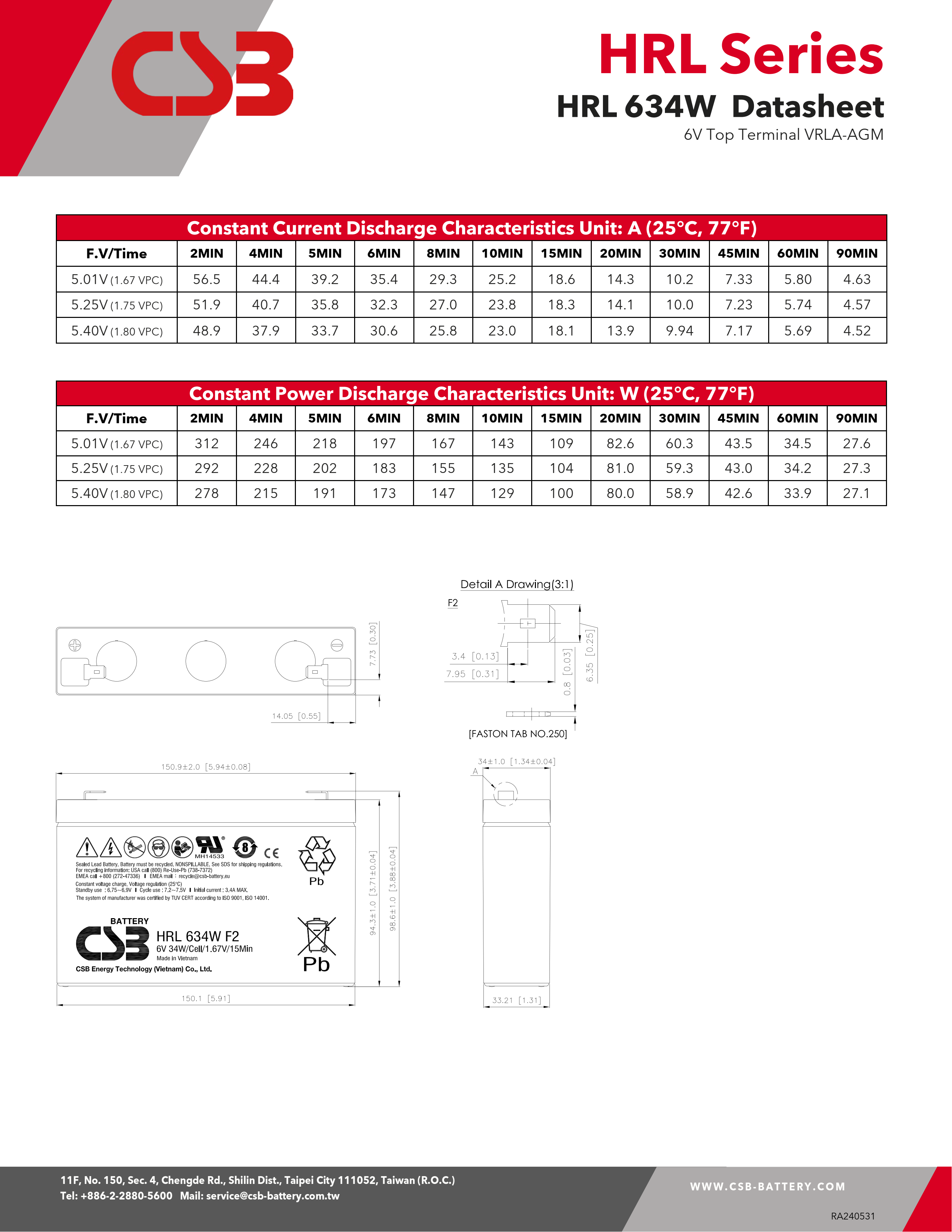 CSB Battery HRL634W 6V 34W High Performance Rechargeable Lead-Acid Dry Batteries for Electric Power