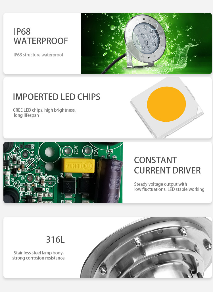RGB Color Underwater LED Spotlights 9W DC12V SS316L With Ce Rohs Certification