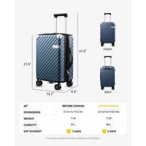 Carry On Luggage 22x14x9 Airline Approved - 35L Polycarbonate Expandable Hard