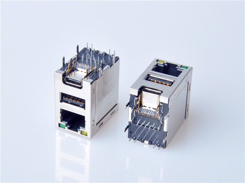 HULYN,RJ45 Modular Jack Connector, Shielded RJ45 + type-c Connector, Through Hole Type, LED
