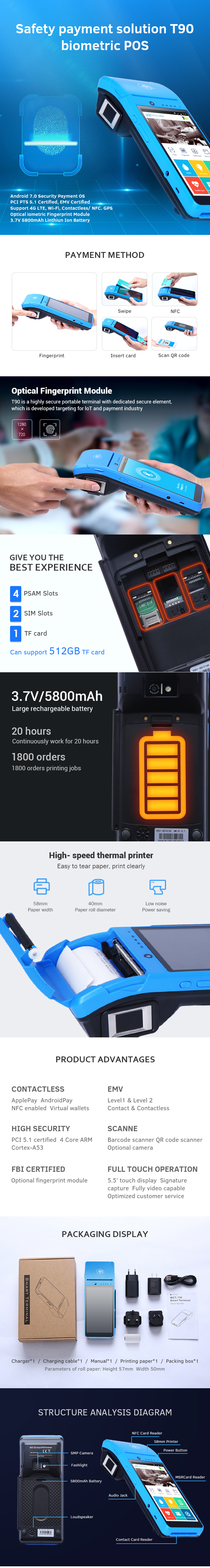 8M Pixel 5800mAh NFC Mobile Payment Device TDS CDMA Pos Billing Machine