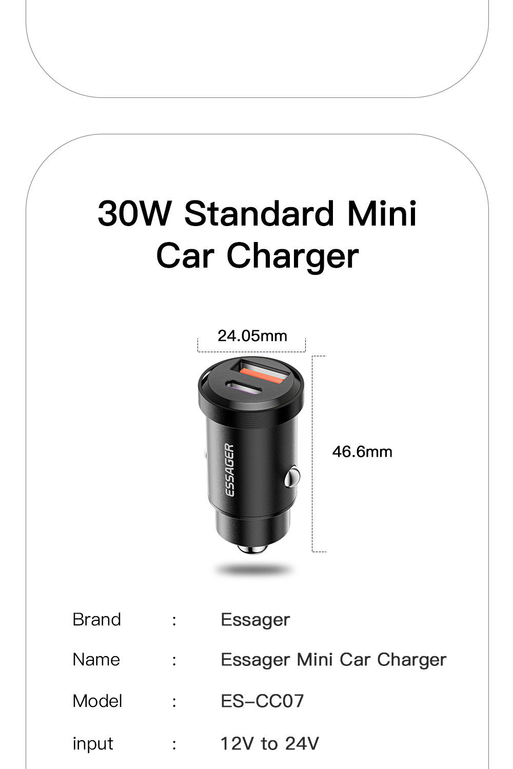 Essager 2022 Gyroscope Fasr 30W 45W Mini Car Charging 2 Port USB Type C Car Charger With Over-Charging Protection