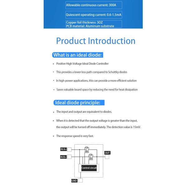 200V 300A Ideal Diode Module For Battery Charging Reverse Current Protection And Solar Anti Backflow Diode