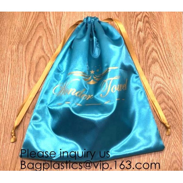 Large Dark Navy Blue Satin Dust Bag With Drawstring,Thick Black Satin Pouch With Gold Printing, bag with Printed Ribbon