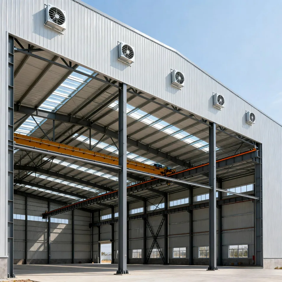 Completed metal structure warehouse with modern industrial design